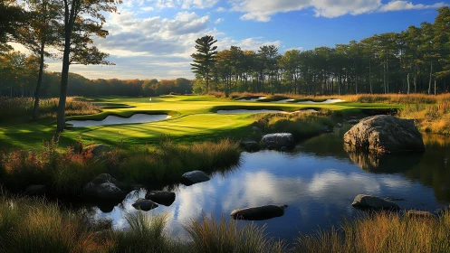 Sunlit forest golf green with reflective water hazard foreground.