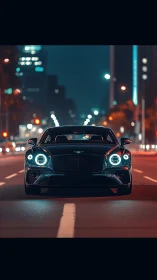 Nocturnal grand tourer front-view with cinematic depth of field.