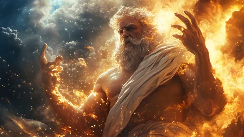 Mythic bearded figure in flames against clouded sky scene.