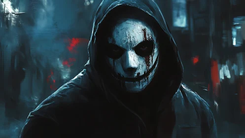 Hooded figure with smeared skull mask advances through neon gloom