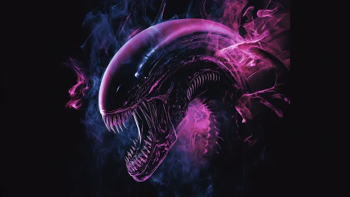 Cyberpunk xenomorph profile with neon vapor shroud rendering.