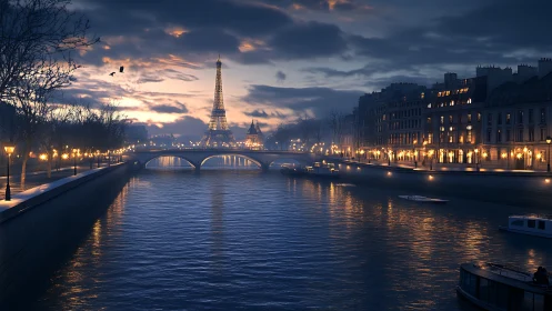 Nocturnal Paris riverscape renders atmospheric urban luminosity