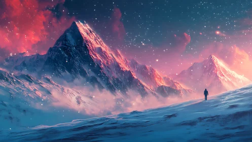 Lone figure observes luminous alien peaks under starfield