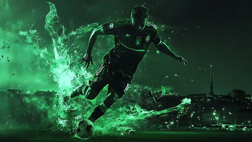 Dynamic green-lit soccer player kicking ball at night field.