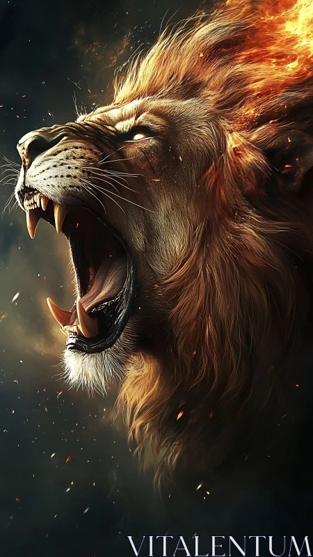 Roaring lion crowned in fire surges from a dark storm