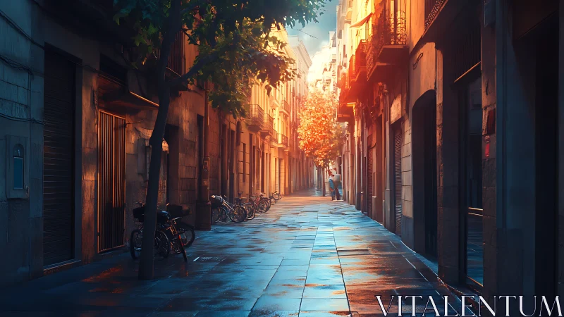 Sunlit European alleyway glows after gentle rainfall.