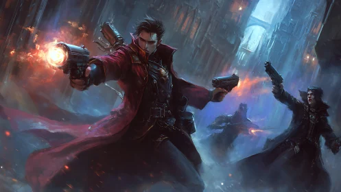 Gun-slinging mage unleashes firepower in a neon alley clash