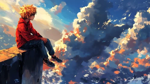 Dreamy skywatcher resting on a sunlit cliff edge.