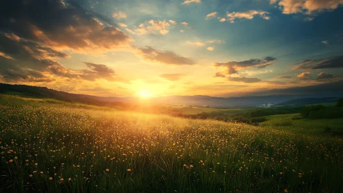 Sunlit wildflower meadow opens toward distant rolling hills.