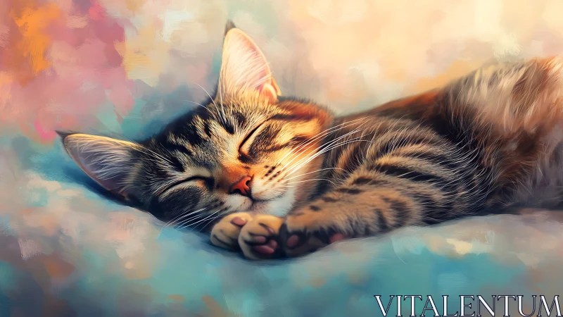 A Peaceful Tabby Kitten Rests on Dreamy Clouds