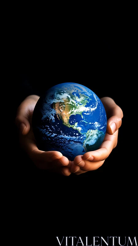 Human hands cradling illuminated Earth globe against void black