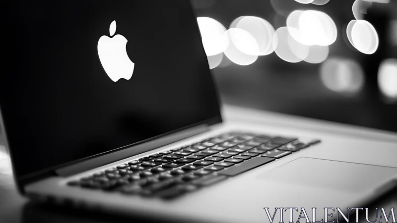 Backlit aluminum laptop with illuminated logo and bokeh background