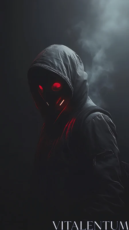 Midnight hooded phantom glows with sharp neon red eyes