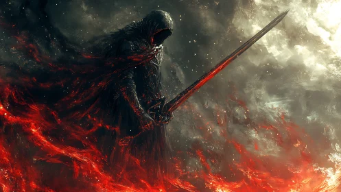 Hooded dark warrior with flaming sword in swirling fire.