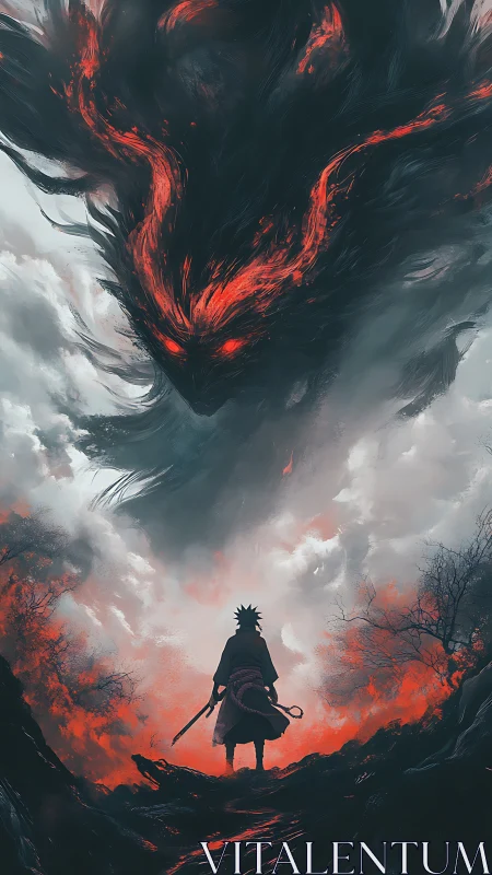 Lone warrior calmly faces a vast fiery shadow in the sky