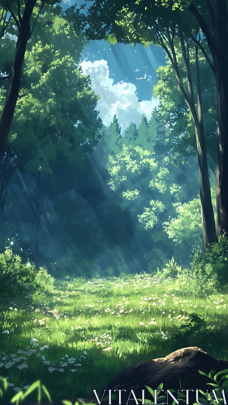 Forest clearing with filtered sunlight through tall trees