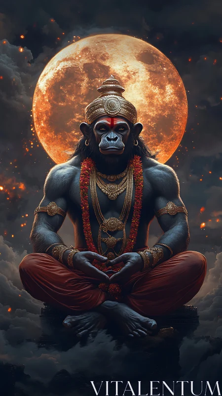 Divine monkey warrior meditates beneath blazing full moon.