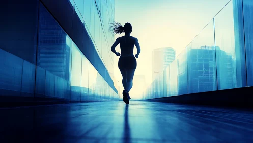 Silhouetted runner moves through reflective urban corridor