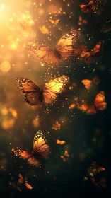 Monarch butterflies traverse glowing bokeh field in warm backlight