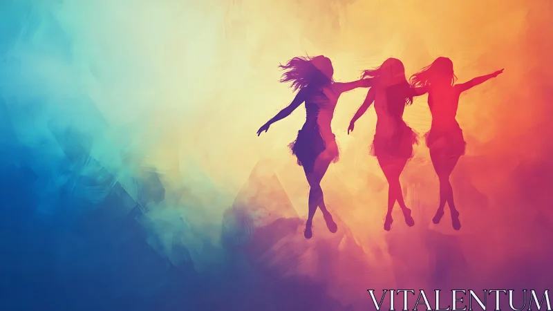 Three Silhouetted Women Dancing on Vibrant Colorful Abstract Background.