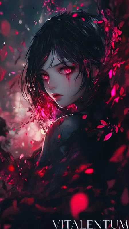Crimson-eyed spectral girl in turbulent luminous petals.