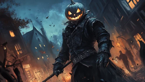 Digital painting of pumpkin-headed reaper in burning alleyway.