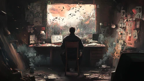 Late-night storyteller at a window full of wild ideas.