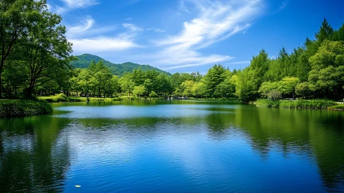 Serene forest lake under vivid blue summer sky reflection.