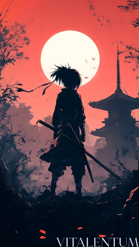 Lone samurai studies blood red sunset over distant pagoda