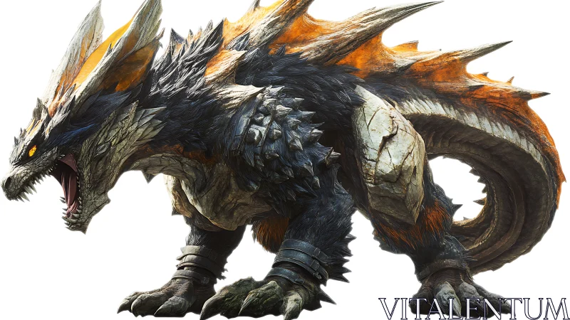 Armored dragon roars with blazing spines and jagged scales.