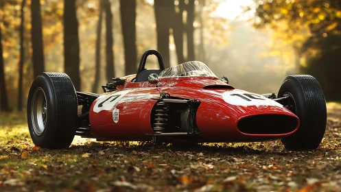 Low-angle study of classic open-wheel race car in autumn forest