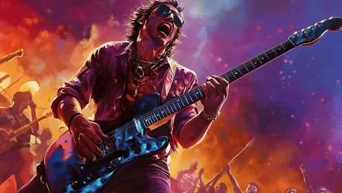 Rock guitarist explodes with energy on a neon-lit festival stage