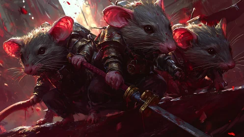 Warrior mice advance with drawn swords through crimson dusk.