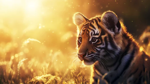 Backlit tiger cub rendered in warm bokeh-rich sunset grassland
