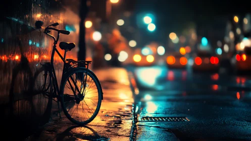 Urban Bicycle at Night: Cinematic Bokeh and Wet Street.