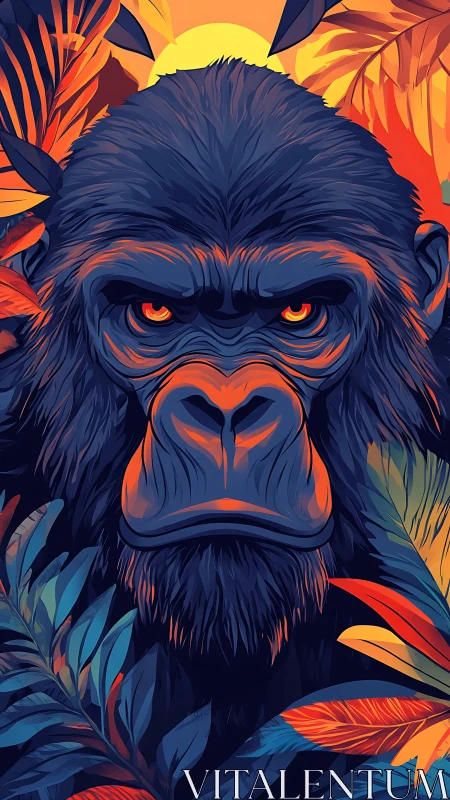 Fiery jungle gorilla portrait under neon sunset glow.