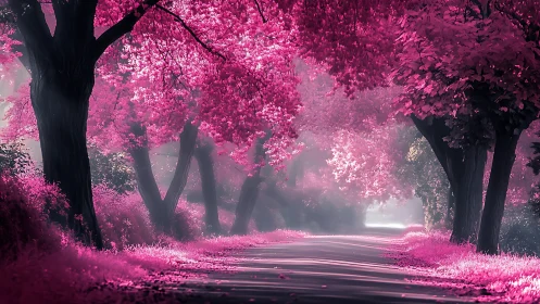 Dreamy pink forest path washed in gentle morning light.