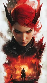 Red haired armored figure with horned crown above burning city.