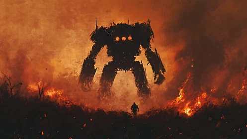 Large robotic silhouette advances through burning landscape