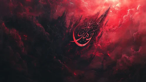 Red storm clouds with central Arabic calligraphy focus.