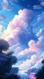 Sunlit fantasy clouds tower above a tranquil river gorge