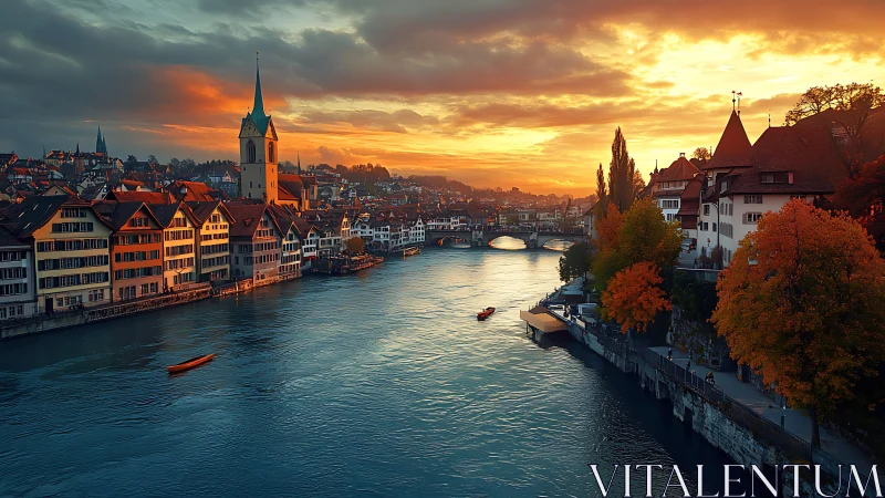 Sunset riverfront panorama of European old town architecture