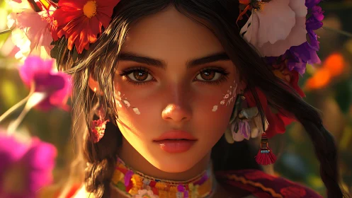 Sunlit flower-crowned girl with gentle, captivating gaze.