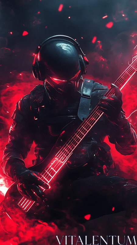 Helmeted guitarist in red neon smoke plays illuminated bass