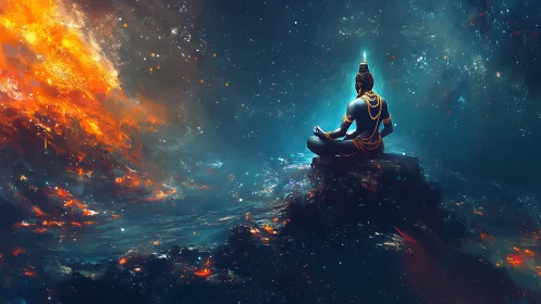 Cosmic meditator on astral promontory amid stellar firestorm.