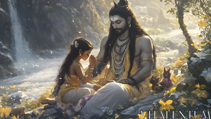 Gentle father and daughter share a quiet blessing by waterfalls