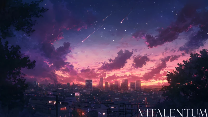 City skyline glows beneath a dreamy meteor-swept sunset sky