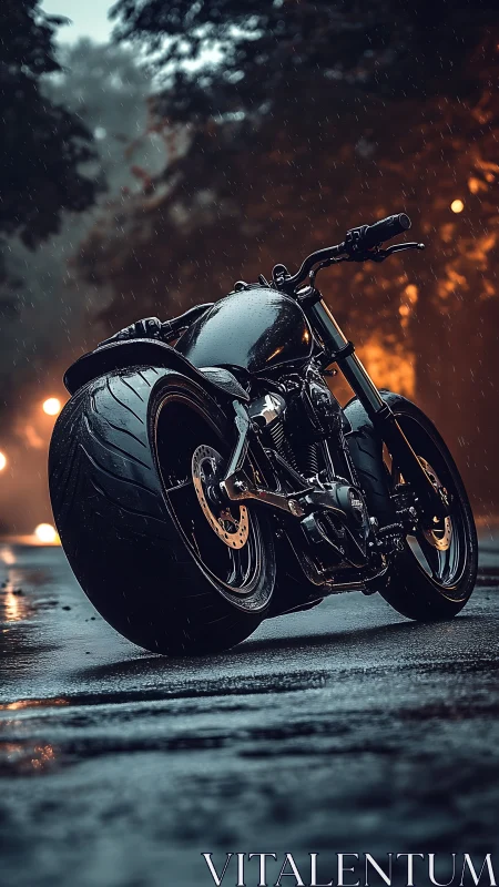 Photorealistic low-angle custom motorcycle in rain-soaked street.