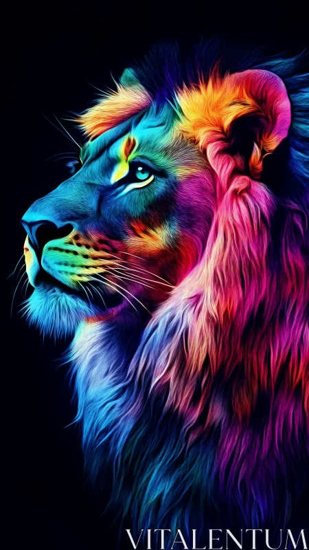 Neon-maned lion gazes skyward and paints the dark with color