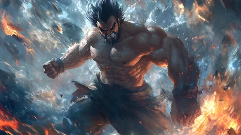 Muscular warrior charges forward through swirling firestorm